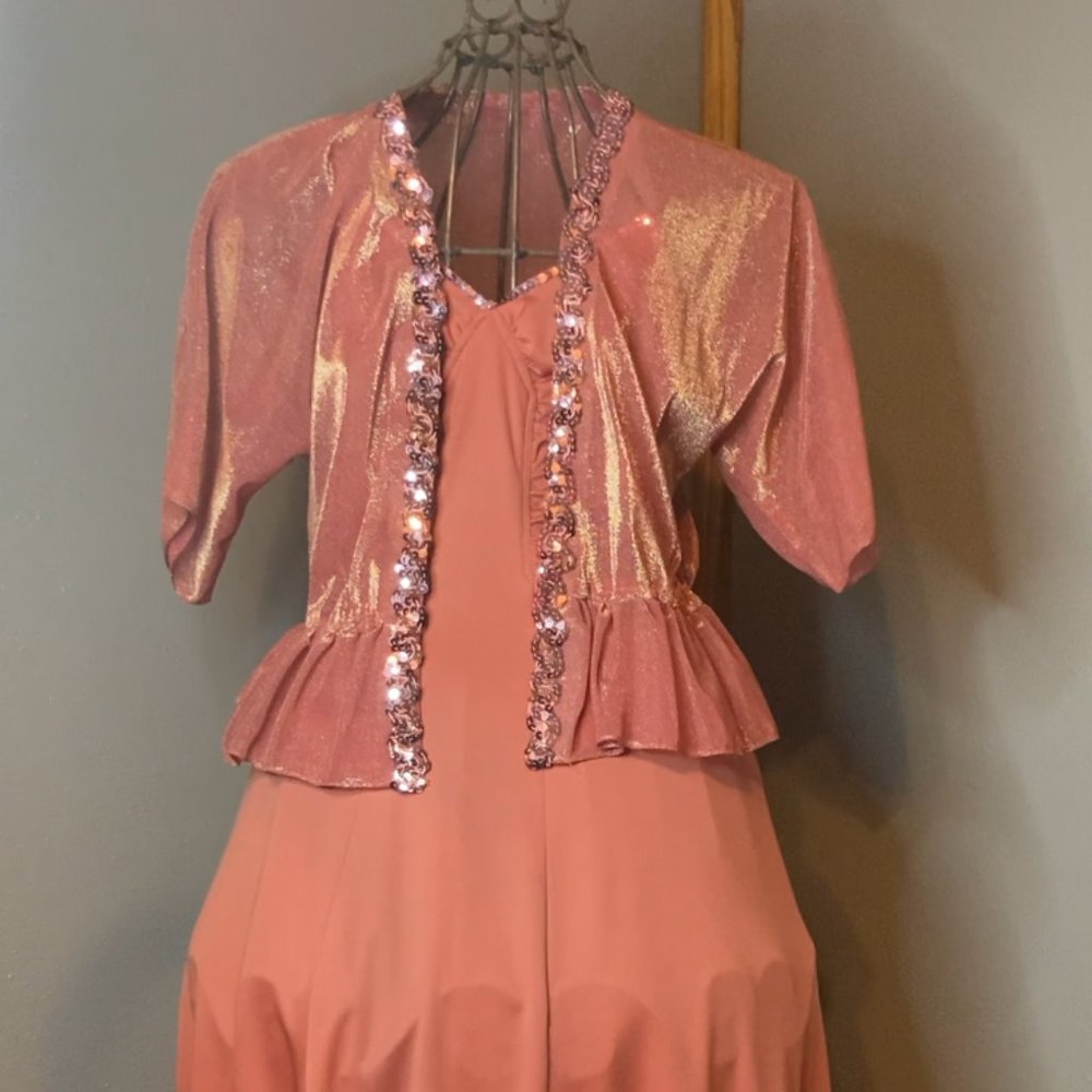 Vintage 70s Pink Gown with Sequined Coverup